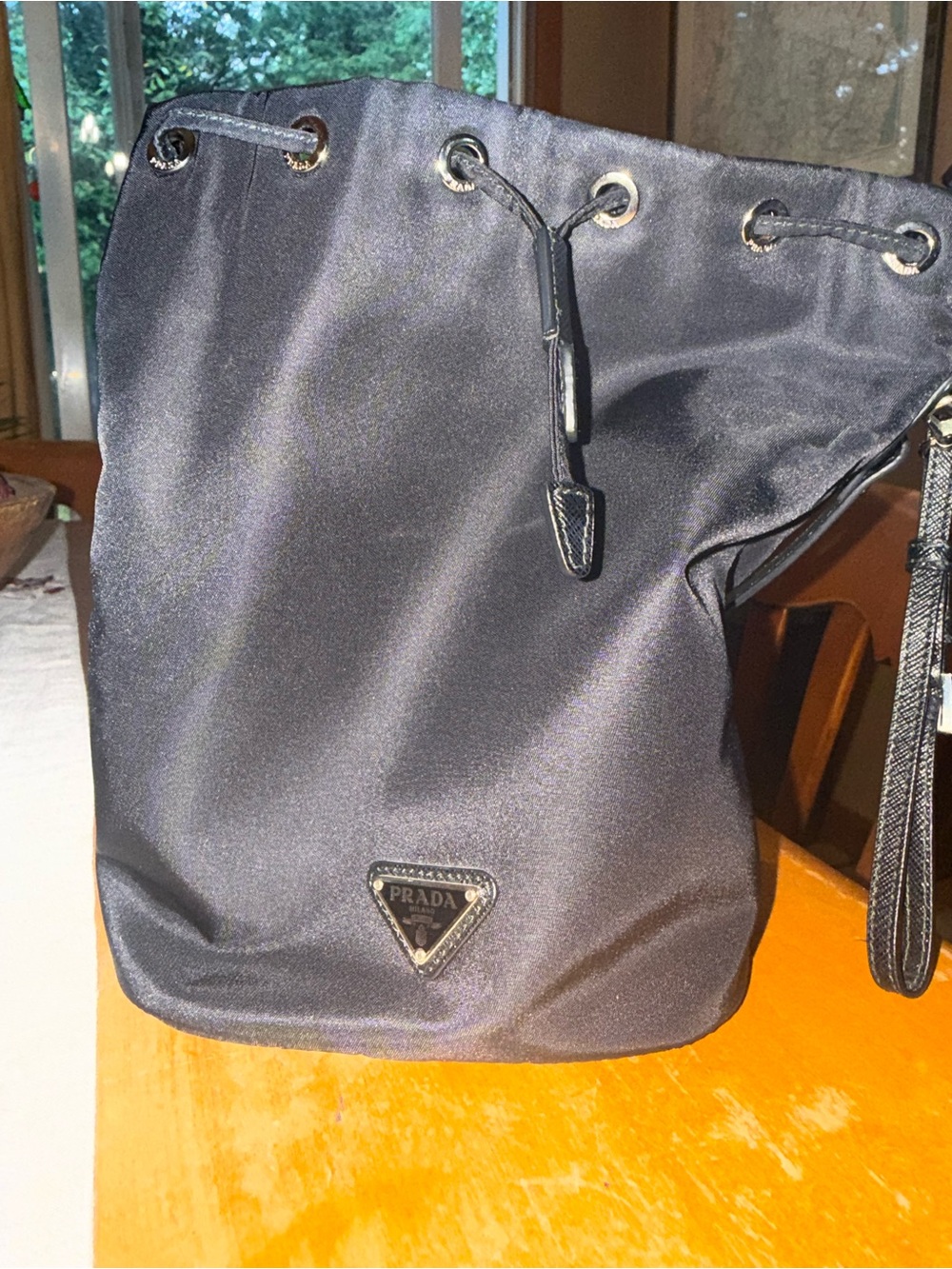 Prada Black Nylon Drawstring Bucket Shoulder Bag with Gold Logo - Picture 5 of 6
